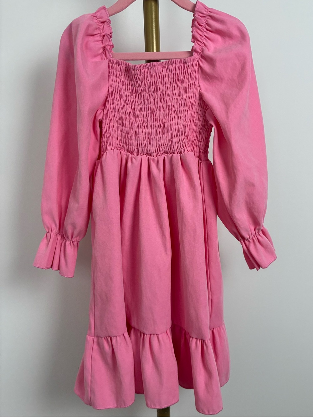 SHEIN Pink Smocked Ruffle Hem Long-Sleeve Dress